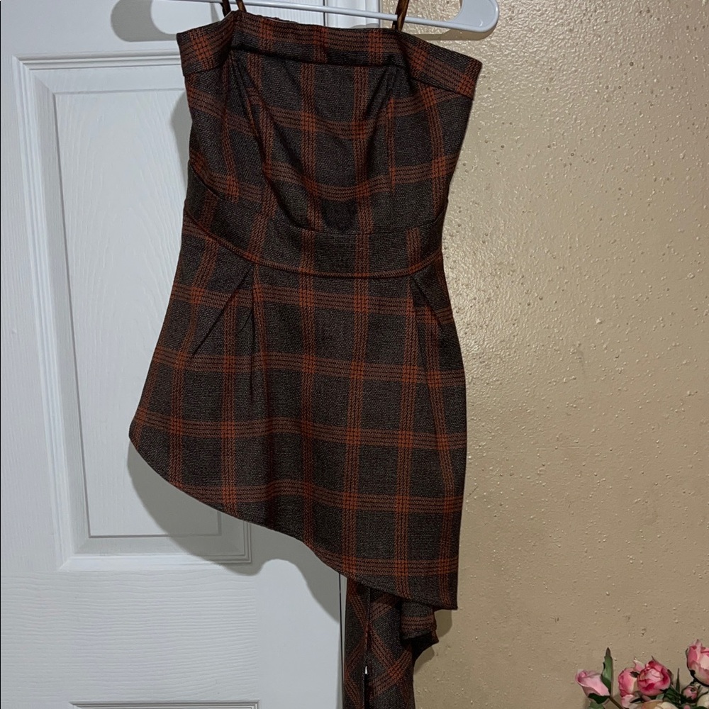 New York & Company Asymmetrical Plaid Dress in Brown and Orange